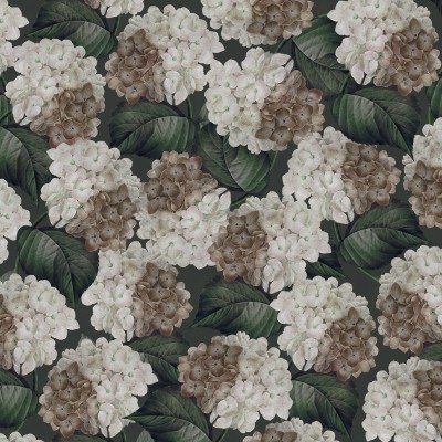 Tapet floral cu hortensie violet închis, pe un perete din dormitor