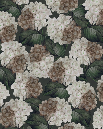 Tapet floral cu hortensie violet închis, pe un perete din dormitor