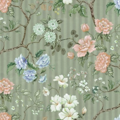 Rose Stripe, Green tapet floral cu dungi subtile și flori delicate, design elegant și romantic pentru living, dormitor sau bucătărie.