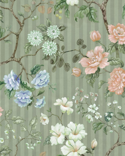 Rose Stripe, Green tapet floral cu dungi subtile și flori delicate, design elegant și romantic pentru living, dormitor sau bucătărie.