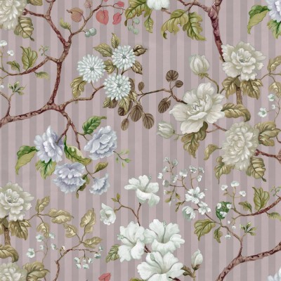Tapet floral cu flori albe și crem pe fundal roz cu dungi subțiri. Acesta este un tapet perfect pentru a adăuga o notă de eleganță și rafinament în casa ta.