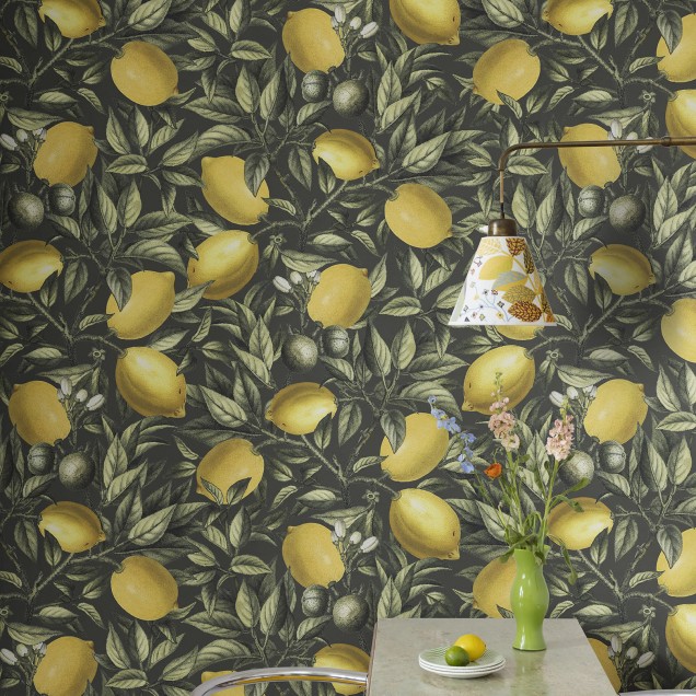 Lemon Tree wallpaper with yellow lemons on a dark green background.