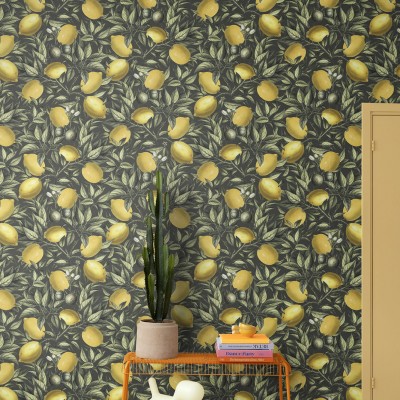 Lemon Tree wallpaper with yellow lemons on a dark green background.