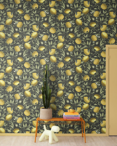 Lemon Tree wallpaper with yellow lemons on a dark green background.