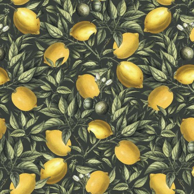Lemon Tree wallpaper with yellow lemons on a dark green background.