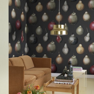 Tapet cu model Vintage Pear, Midnight, pere pe un fundal negru