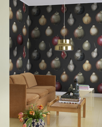 Tapet cu model Vintage Pear, Midnight, pere pe un fundal negru