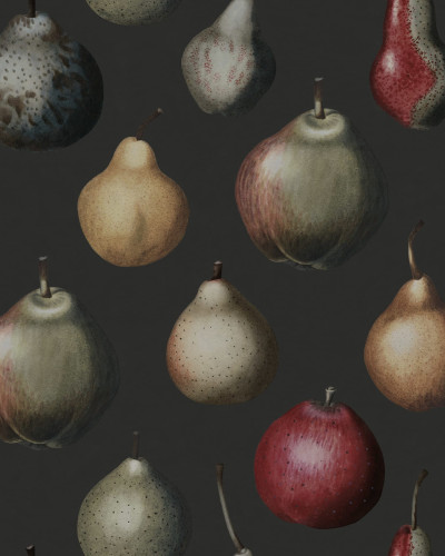 Tapet cu model Vintage Pear, Midnight, pere pe un fundal negru