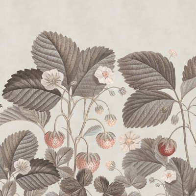 Tapet Wild Strawberries, Vintage, cu flori delicate de capsună pe un fond crem.