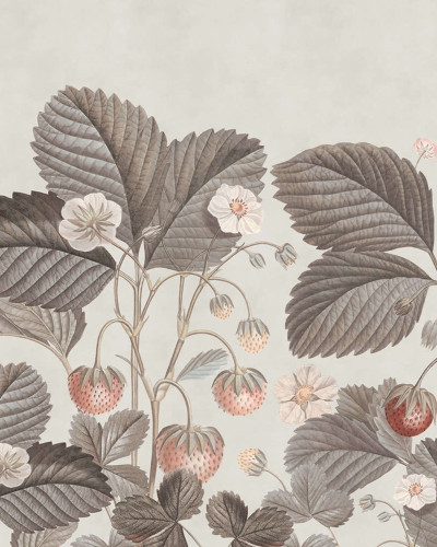 Tapet Wild Strawberries, Vintage, cu flori delicate de capsună pe un fond crem.