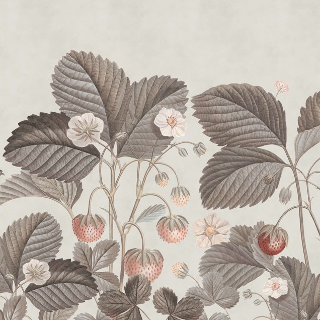 Tapet Wild Strawberries, Vintage, cu flori delicate de capsună pe un fond crem.