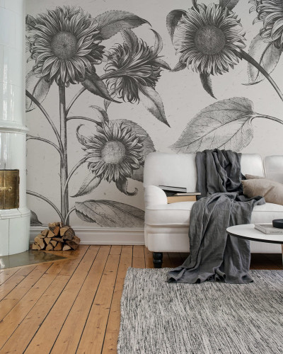 Tapet floral cu flori de soare în tonuri de gri