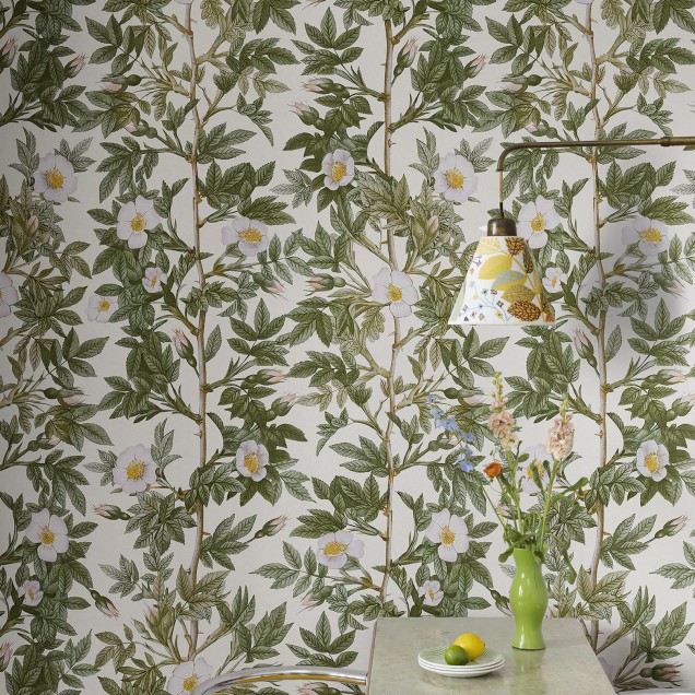 Tapet floral Rose Hip, Green, cu trandafiri albi și frunze verzi.
