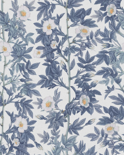Rose Hip, Blue tapet floral cu flori albe și frunze albastre pe un fundal alb.