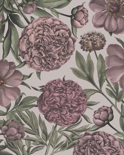 Tapet floral cu flori de bujor, Peony Delight, Purple, în nuanțe de violet, pe un fundal delicat, ideal pentru dormitoare, livinguri sau alte spații din casă.
