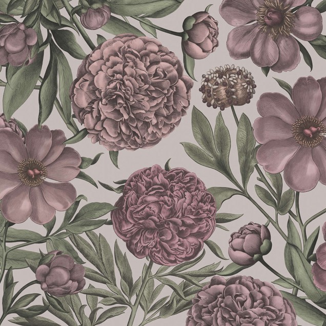 Tapet floral cu flori de bujor, Peony Delight, Purple, în nuanțe de violet, pe un fundal delicat, ideal pentru dormitoare, livinguri sau alte spații din casă.