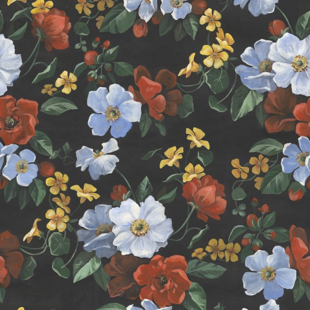Tapet floral cu flori rosii, albastre si galbene pe fundal negru.