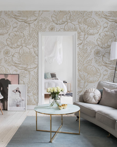 Tapet Golden Poppy, Alb cu flori aurii delicate pe fundal alb.