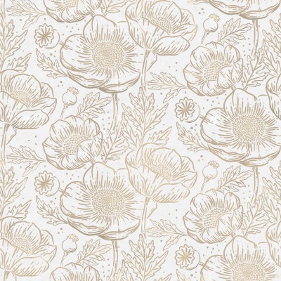 Tapet Golden Poppy, Alb cu flori aurii delicate pe fundal alb.