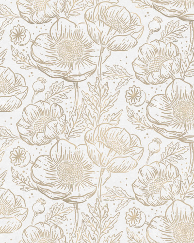 Tapet Golden Poppy, Alb cu flori aurii delicate pe fundal alb.