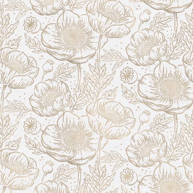 Tapet Golden Poppy, Alb cu flori aurii delicate pe fundal alb.
