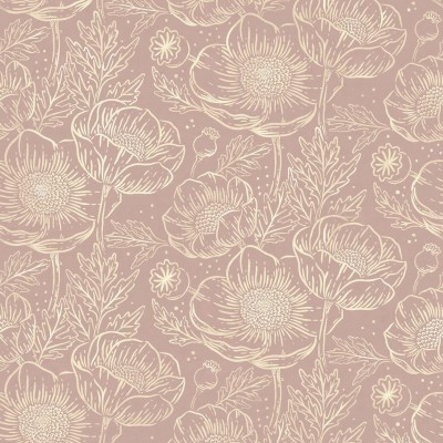 Tapet floral Golden Poppy, Dusty Pink, cu flori delicate in nuante pastelate.