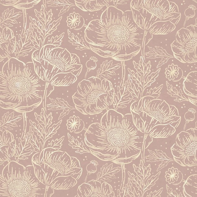 Tapet floral Golden Poppy, Dusty Pink, cu flori delicate in nuante pastelate.