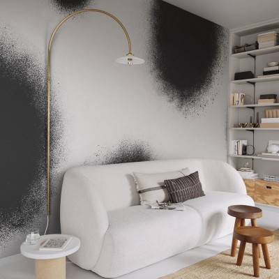 Tapet abstract gri și negru într-un living modern