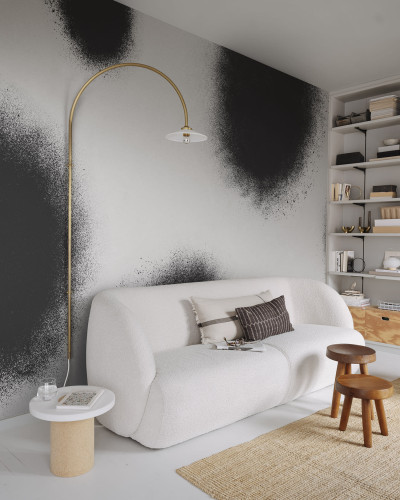 Tapet abstract gri și negru într-un living modern