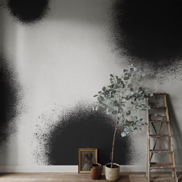 Tapet abstract gri și negru într-un living modern