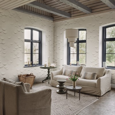 Tapet cu textura 3D cu semilune, cu un design minimalist, perfect pentru un living modern.