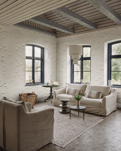 Tapet cu textura 3D cu semilune, cu un design minimalist, perfect pentru un living modern.