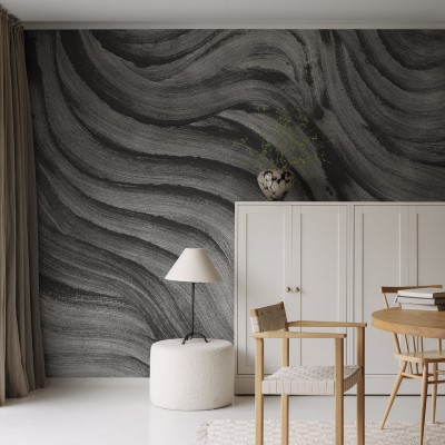 Tapet abstract Smoky Swirl Graphite cu linii curbate în gri antracit.