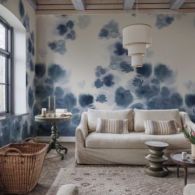 Tapet cu un design floral abstract, în nuanțe de albastru și gri.