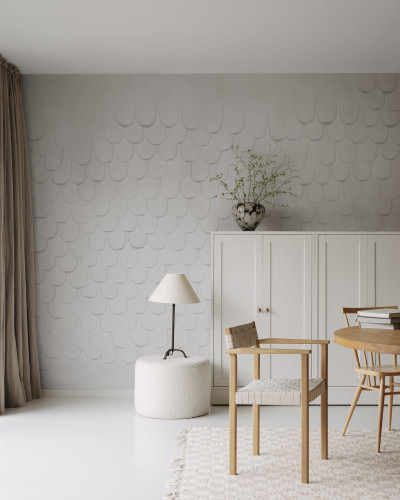 Tapet cu un design minimalist, cu forme moi, in nuante de gri