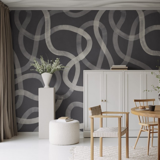 Wallpaper cu design abstract, linii curbe si grafice in nuante de gri si alb