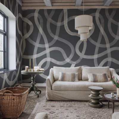 Wallpaper cu design abstract, linii curbe si grafice in nuante de gri si alb