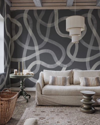 Wallpaper cu design abstract, linii curbe si grafice in nuante de gri si alb