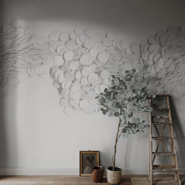 Tapet cu design modern, format din cercuri albe care creează un efect vizual unic și elegant.