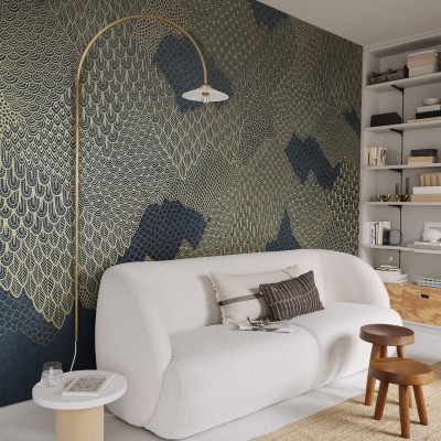 Tapet Golden Mountains, Dark Blue cu model minimalist cu munți aurii pe un fundal albastru închis
