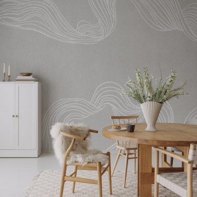 Fototapet cu linii desenate manual, nuanțe de nisip, decor interior modern