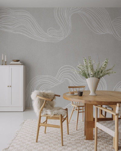 Fototapet cu linii desenate manual, nuanțe de nisip, decor interior modern