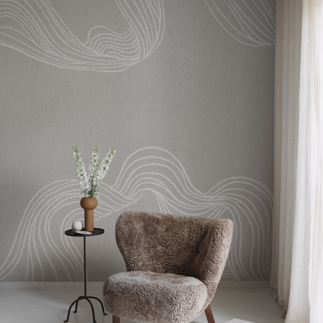 Fototapet cu linii desenate manual, nuanțe de nisip, decor interior modern