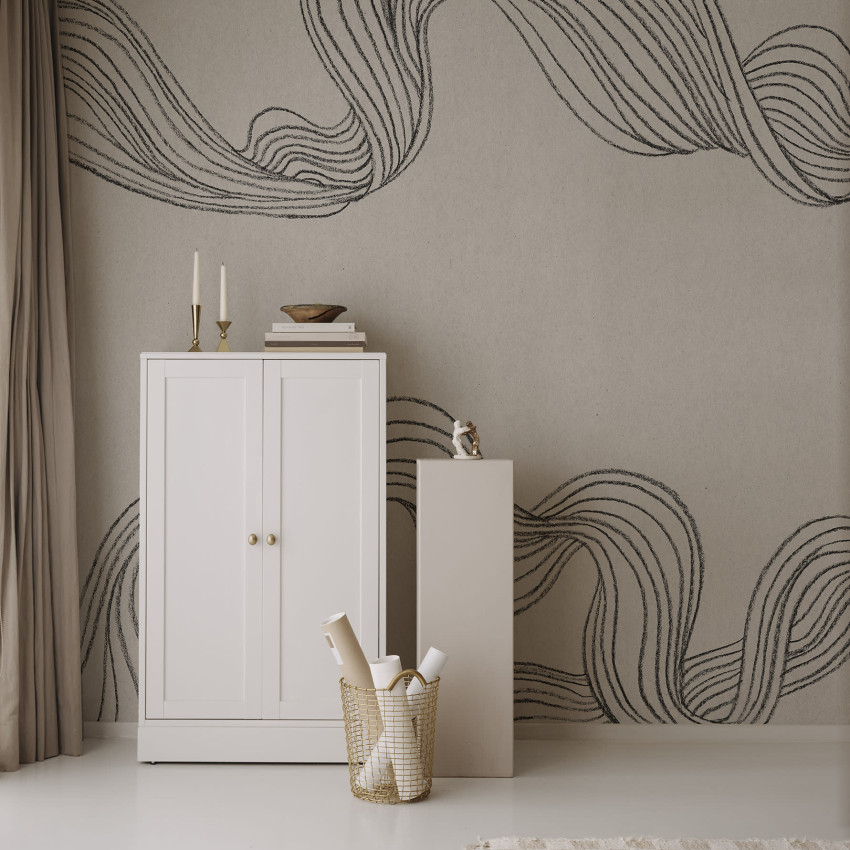 Fototapet cu linii desenate manual, nuanțe de nisip, decor interior modern