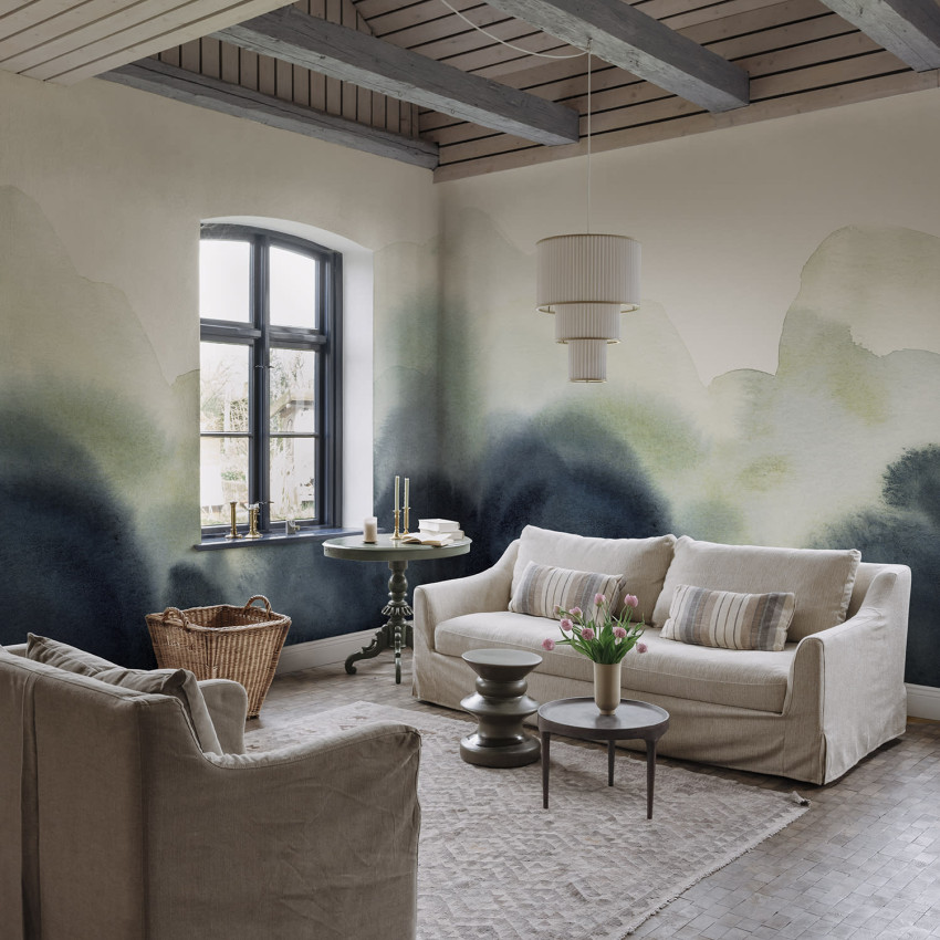 Tapet verde cu design abstract, imitând colinele