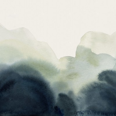 Tapet abstract Flowing Hills, Blue, cu dealuri în nuanțe de verde și albastru.