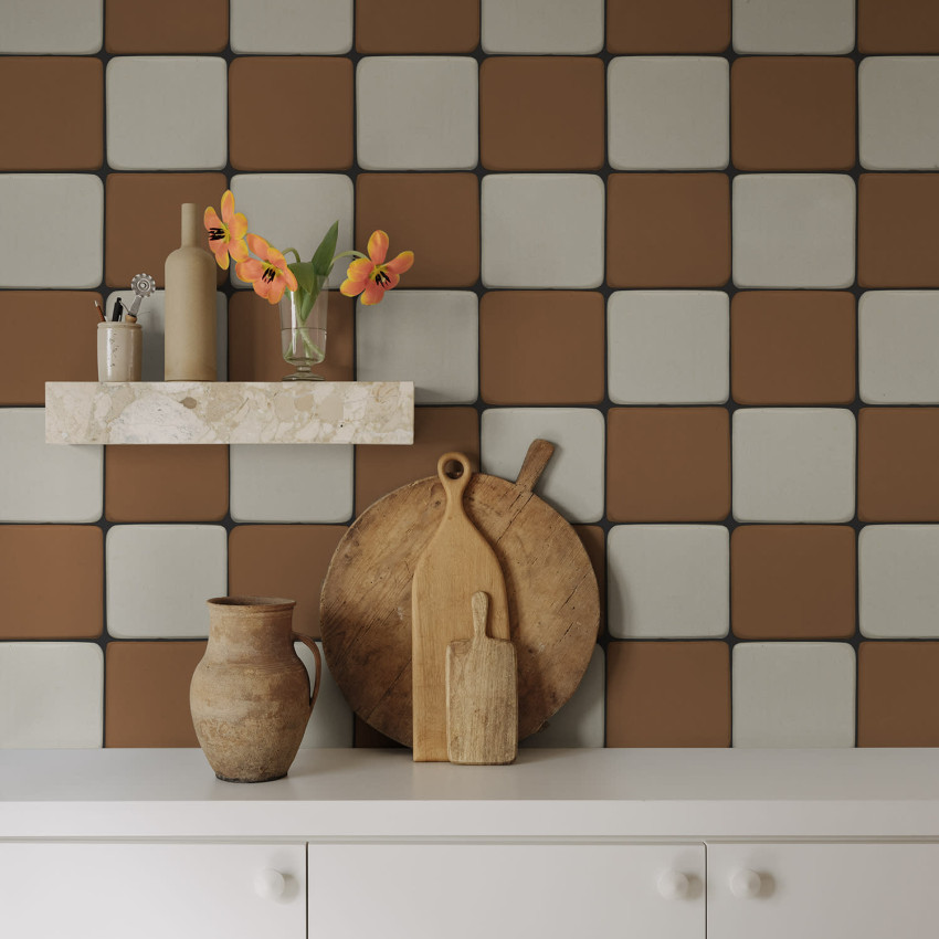 Porcelain Tiles, Clay, un fototapet cu aspect modern și elegant, reprezentând o baie cu gresie albă.