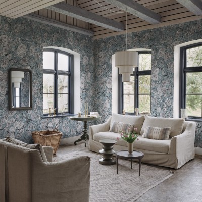 Tapet Marbling, Blue, cu design modern cu aspect de marmură, folosit într-un interior minimalist
