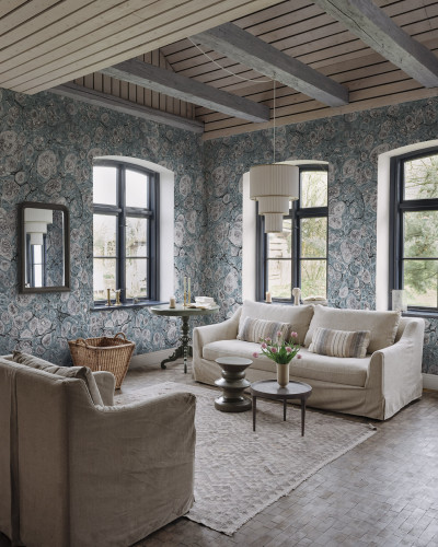 Tapet Marbling, Blue, cu design modern cu aspect de marmură, folosit într-un interior minimalist