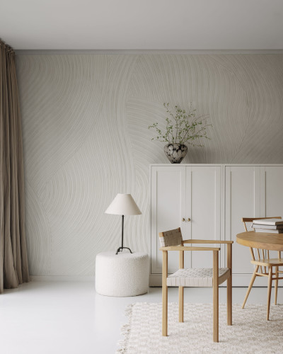 Tapet cu model abstract in nuante neutre, intr-un interior modern